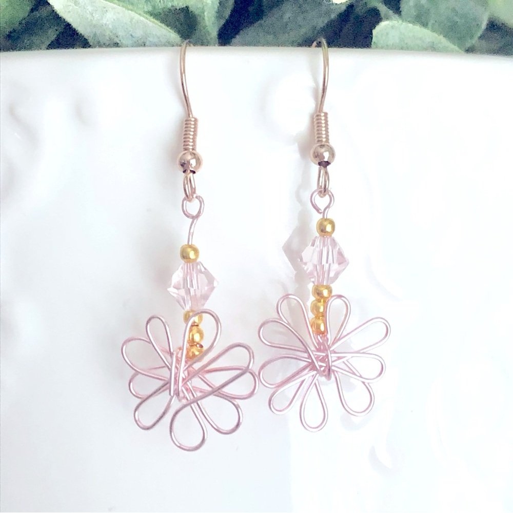 New Wrapped Wire Daisy Flower Dangling Earrings Glass Crystal Rose Gold Coloured